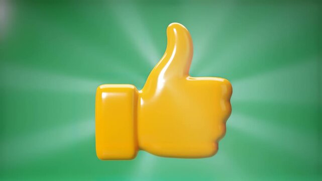 Yellow Thumbs up Emoji Floating Against Green Background in 3d Render for Social Media Approval Concept