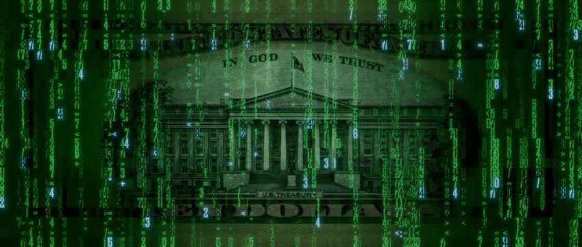 Digital Cash Concept with Ten Dollar Bill made from Animated Code. Innovative Banking Wallpaper.
