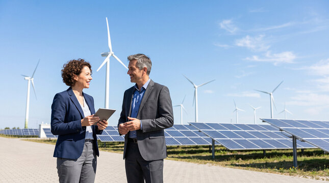 Business executives discussing renewable energy strategy. ESG investment and environmental corporate responsibility concept.
