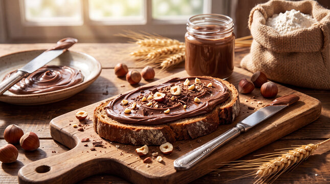 A mouthwatering spread of chocolate hazelnut cream on a slice of bread, surrounded by fresh ingredients, showcasing the joy of indulgence and culinary pleasures.