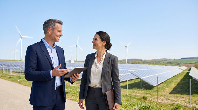 Business executives discussing renewable energy strategy. ESG investment and environmental corporate responsibility concept.