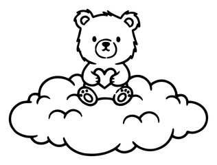 Fototapeta premium Teddy bear sitting on cloud holding heart, cute kawaii animal character for kids coloring page