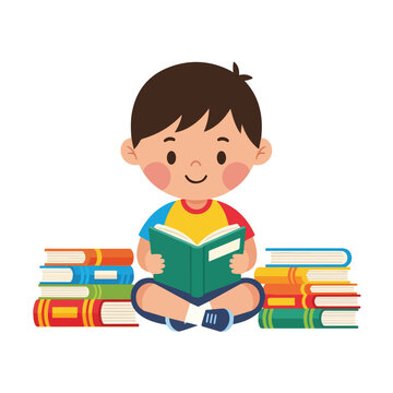 A cute young boy sits cross-legged reading an open book, surrounded by colorful stacks of books on a white background.