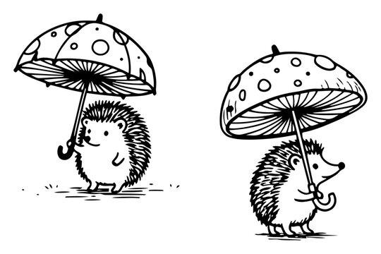 Cute hedgehog character standing under mushroom umbrella, coloring book style forest animal vector
