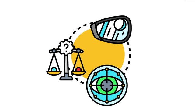 Bias blind spot concept showing a rearview mirror, balancing scales with a question mark gear, and an eye within a target, self reflection and objective perception
