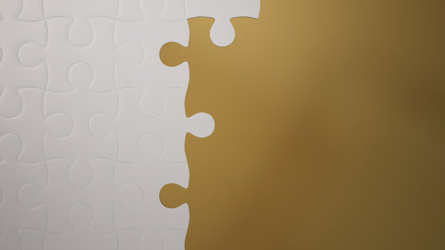 Partially Completed Gold and White Jigsaw Puzzle Wallpaper with copy-space. Incomplete Concept.