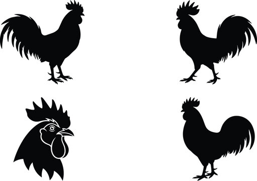 Rooster silhouettes with detailed combs and tail feathers for farm, food, decorative, and branding projects