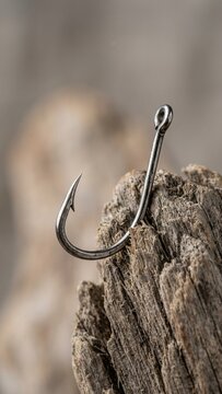 Single metallic fishing hook resting on weathered driftwood bark macro photography natural lighting