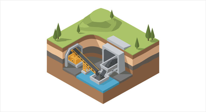 Cross section of a hydroelectric power plant showing water flow and turbine operation.