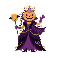 Fototapeta premium Halloween pumpkin queen vector illustration in elegant dark gown with crown and magic scepter