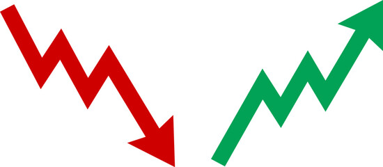 Red down arrow and green up arrow showing financial market trends and business growth. © MOHAMMAD RABBI