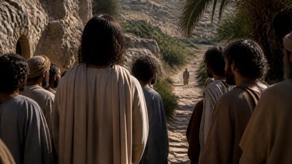 Fototapeta premium Jesus and disciples walk along a desert road toward Jerusalem. Biblical journey through an ancient landscape with faith, fellowship, and spiritual guidance