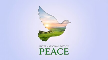 Fototapeta premium A silhouette of a dove cutout revealing a scenic green landscape at sunset for the International Day
