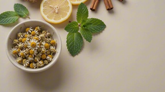 Dried chamomile flowers with fresh ginger, sliced lemon, and fragrant cinnamon sticks arranged for organic wellness tea infusion video animation