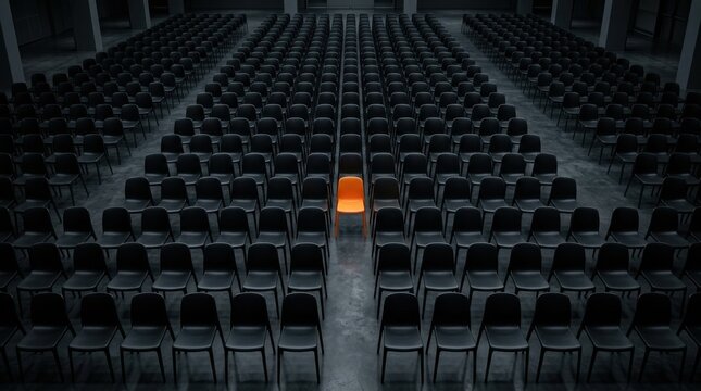 Audience Seats in Dark Theatre with One Highlighted Seat