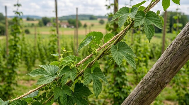 Green hop vines growing on tall wooden poles in a rural farm field.