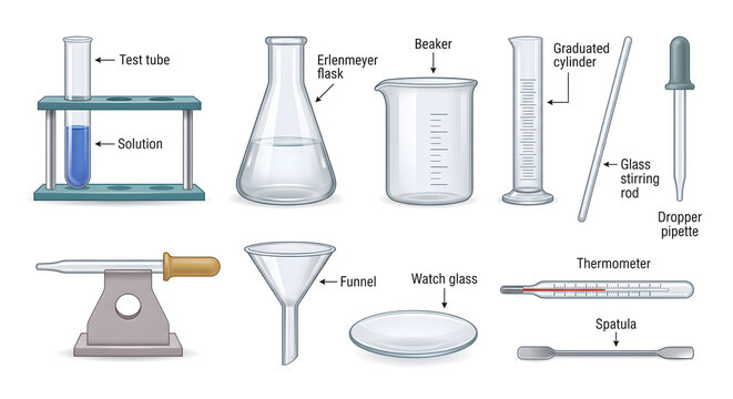 Labeled educational diagram of common chemistry laboratory glassware and science equipment
