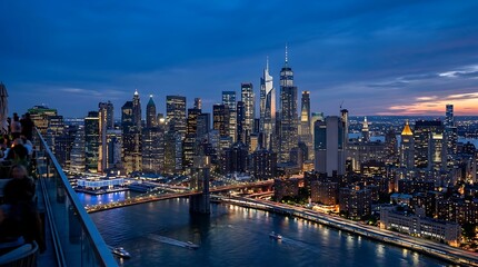 Fototapeta premium Modern metropolitan skyline at twilight with illuminated skyscrapers and city lights