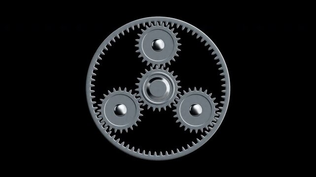 Planetary gear system and metallic cogs rotate continuously in a 4K 3D looping animation on a transparent background, symbolizing mechanical precision, teamwork, and engineering solutions.