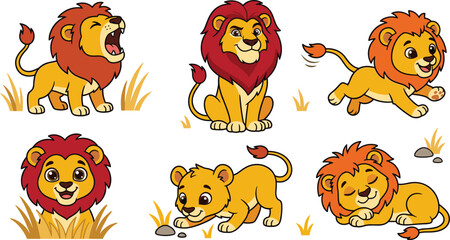 Obraz premium Set of cute cartoon lion vector illustrations featuring happy little cubs roaring sitting running sleeping and peeking over tall grass on white background
