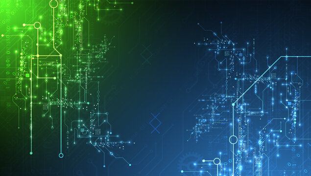Abstract vector background of digital circuit board with glowing lines and binary code