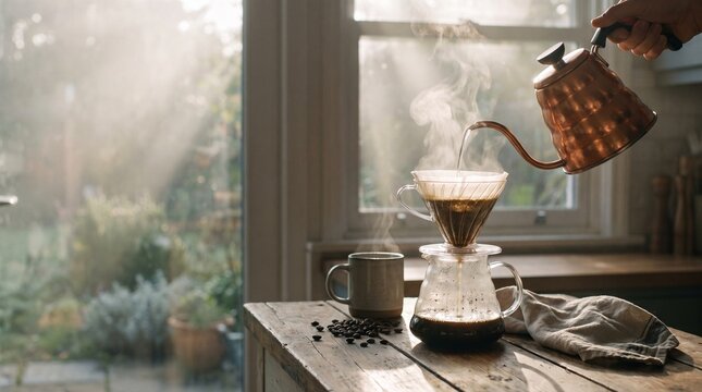 Pour over drip coffee brewing process, barista pour water from gooseneck kettle