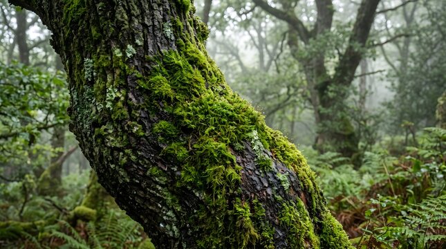 Close up of a mossy tree trunk in a misty green forest.