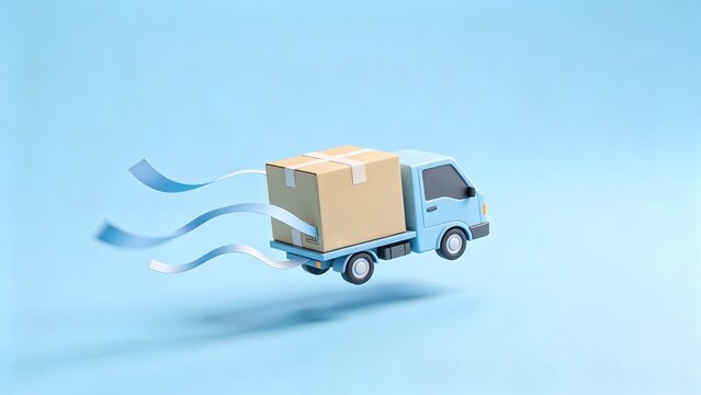 Blue delivery truck carrying box