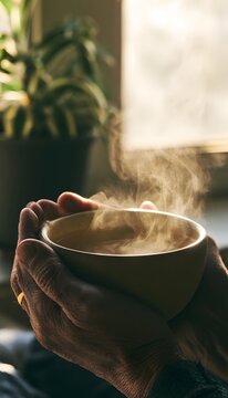 Warm morning tea held gently evokes a peaceful cozy moment of simple everyday contentment