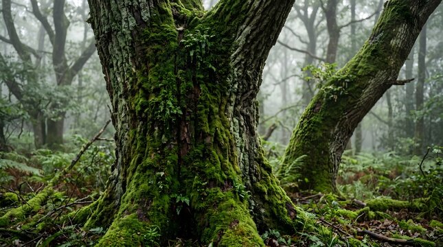 Ancient mossy tree trunk in a misty mysterious forest landscape.