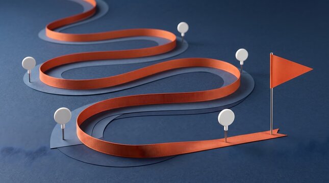 Strategic business roadmap concept with winding orange path passing project milestones towards final success flag destination