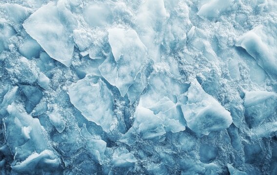 Close-up of fractured ice with intricate textures and varying shades of blue, showcasing natural patterns and crystalline formations.
