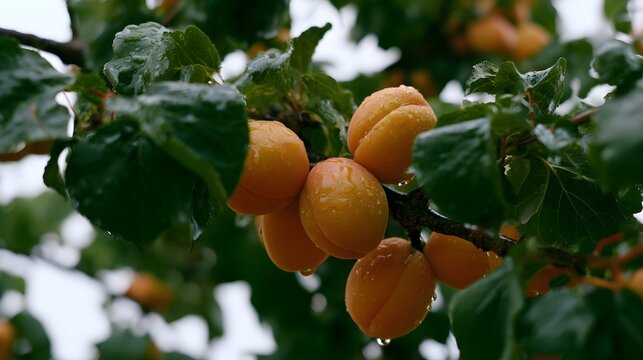 Refreshing apricots glistening softly on a branch evoke tranquil summer days and gentle renewal