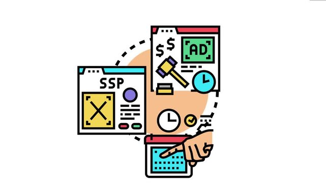 Digital screens a supply side platform, an advertising bid, and a hand pointing to a calendar for scheduling online auction events and managing ad campaigns