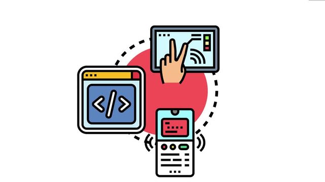 Bidirectional data flow connecting a user interface, development code, and mobile device, symbolizing component interaction and synchronization across various platforms