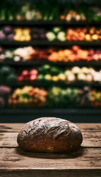 Rustic sourdough abundance fresh produce market display warm tones evoke a bountiful lifestyle scene