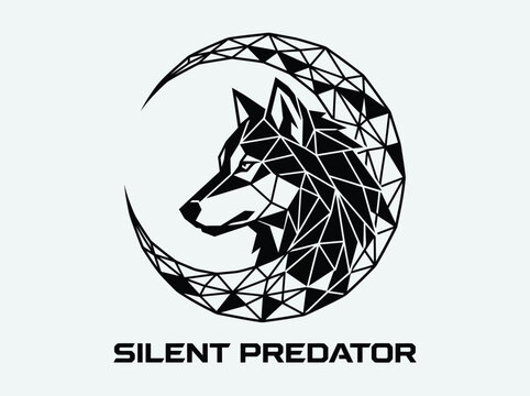 Abstract geometric wolf head inside a crescent moon shaped emblem illustration