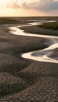 Serene river carves through cracked earth a tranquil golden hour landscape scene evokes vastness