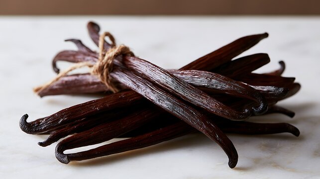 A bunch of organic dried vanilla beans tied with string on a white marble surface.