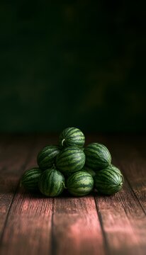 Charming miniature watermelons evoke summer sweetness on a rustic table bathed in soft light