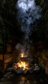 Ancient chamber reveals mystical fire swirling within a stone cauldron evoking mystery and powerful elemental magic