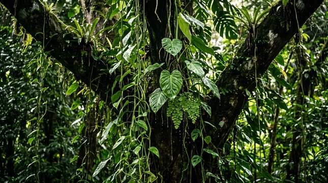 Lush green tropical rainforest vegetation with hanging vines and climbing plants on a tree trunk.