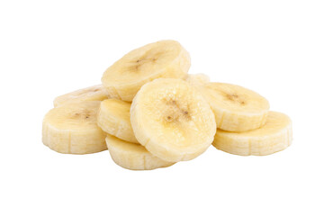 Small pile of fresh, ripe, yellow banana slices, neatly cut and ready for consumption © Chinases