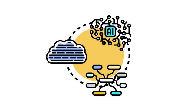 Artificial intelligence system depicting content generation. Data processing. And cloud technology. Utilizing a neural network structure for innovative information creation and knowledge organization