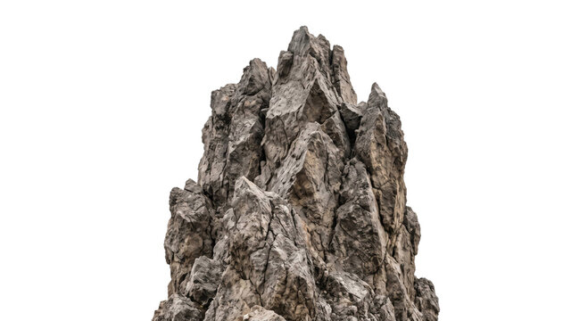 Jagged grey mountain peak with sharp edges and rough texture against white background