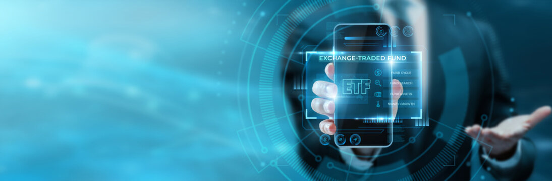 Investment broker hand hold phone with ETF interface. Exchange traded funds trading app, stock market portfolio dashboard, index fund investment screen, financial market tracker