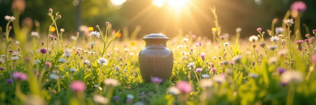 Cremation urn placed in a peaceful flower field during sunset with soft light illuminating surroundings. Funeral ritual depicted with nature surrounding urn representing remembrance and tranquility.