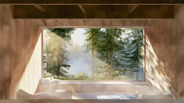 Cozy cabin retreat watercolor illustration tranquil lake view warm lighting peaceful interior design concept