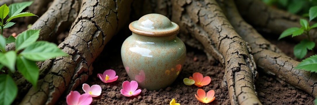 Cremation urn placed among tree roots with colorful flower petals scattered around. Funeral urn symbolizes remembrance with natural elements enhancing sentimentality.