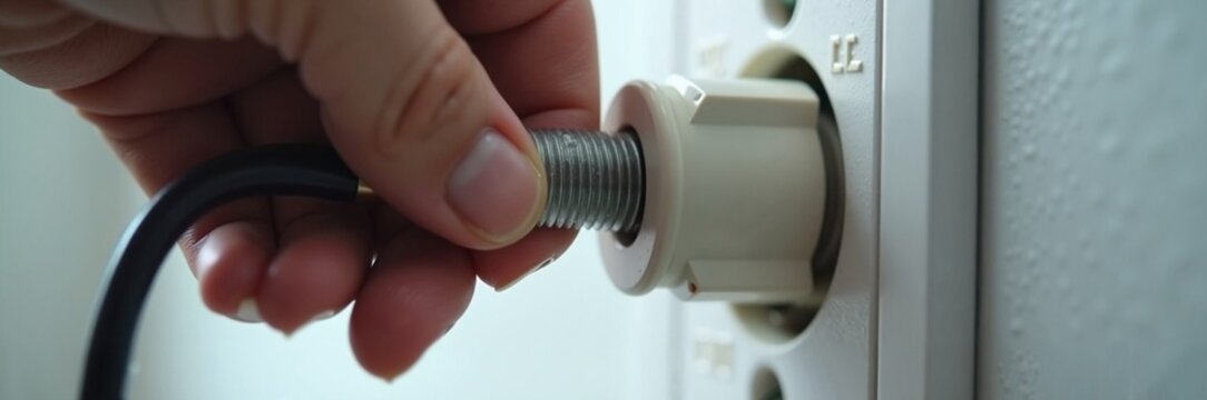 Hand plugging in power cable into electrical socket for home appliance use. Power cable connects to socket, ensuring electrical supply for devices.